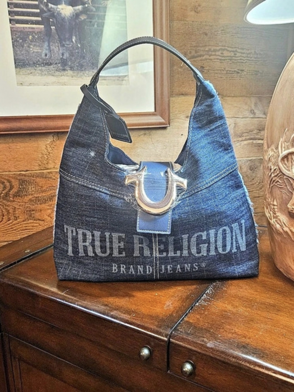 True Religion Metal Horseshoe Denim Shoulder Bag Blue
